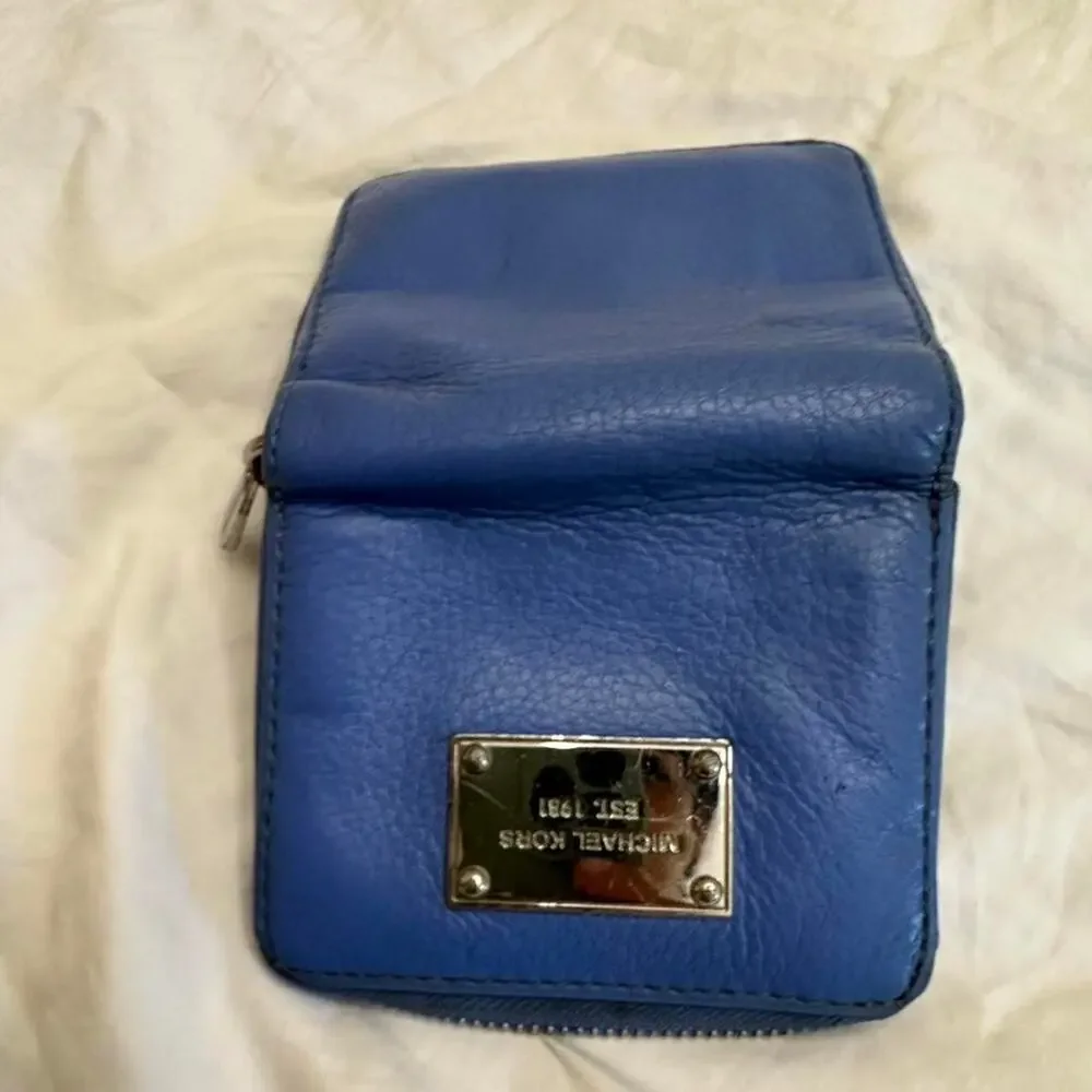 Michael Kors Blue Leather Zip Around Wallet Silver Hardware